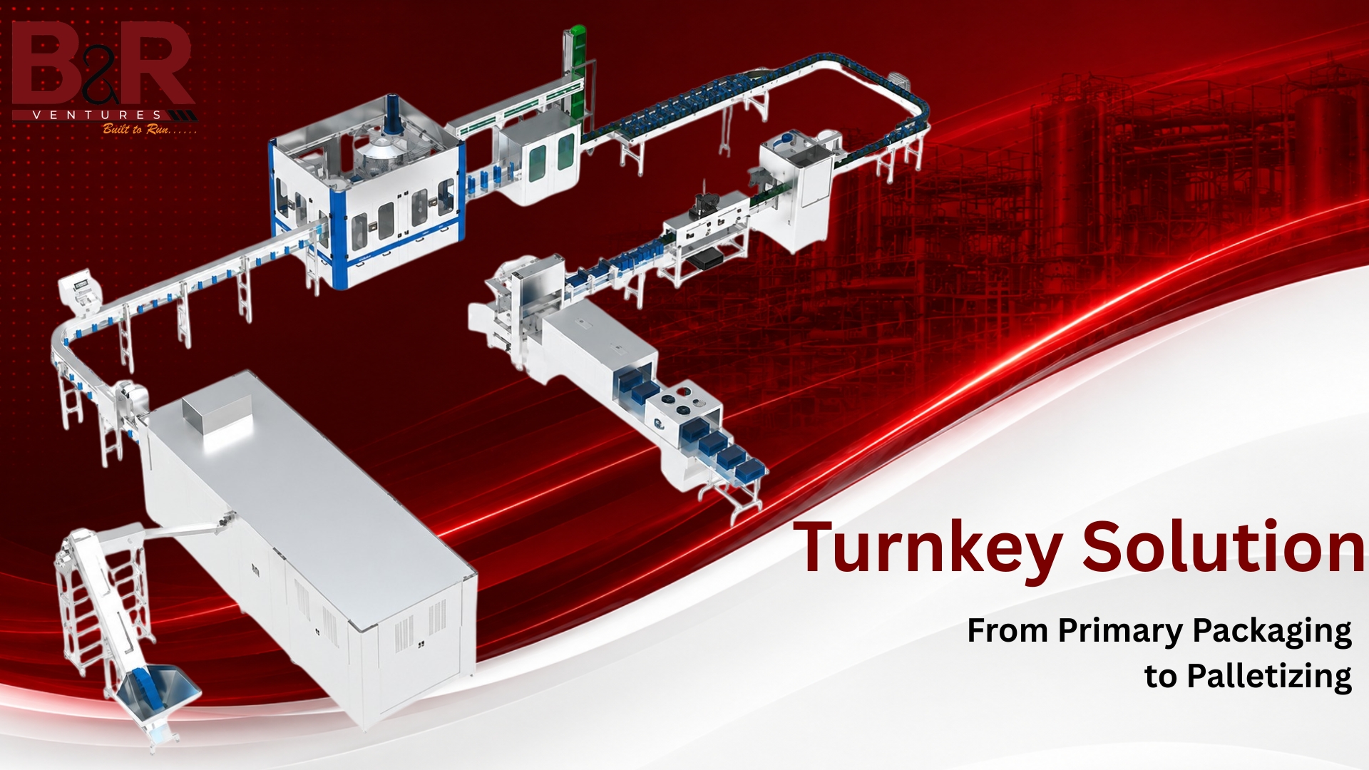 Complete Turnkey Beverage Packaging Solution by B&R Ventures showing an integrated beverage production line from water treatment to palletizing.